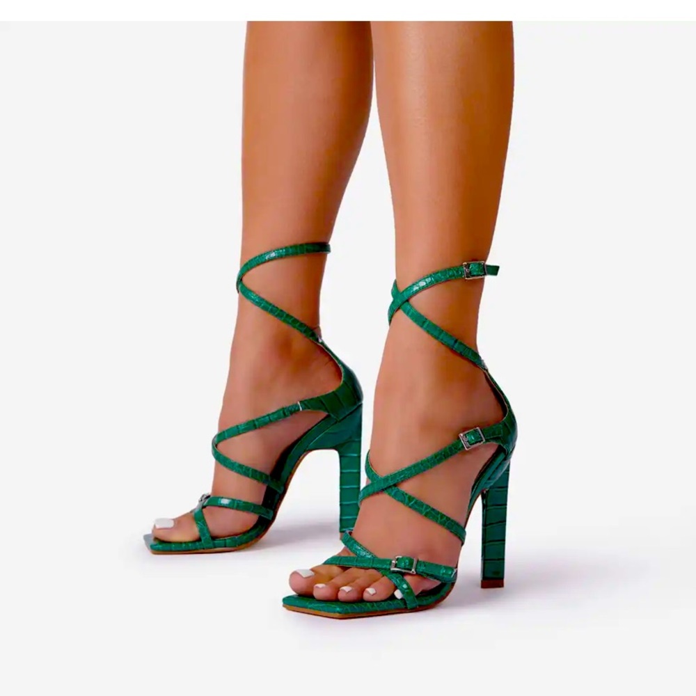 Green Strappy Square Toe Block Heel